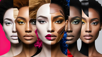 Young woman's portrait made of different pieces of faces, modern art collage. New vision of beauty and fashion, make up, hairstyle, Generative AI