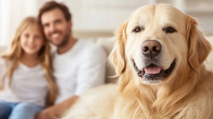 Happy family enjoying time with their golden retriever in a cozy living room on a sunny afternoon