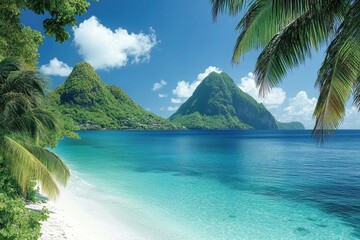 A serene beach scene with a majestic mountain range in the background, ideal for use in travel or outdoor adventure visuals
