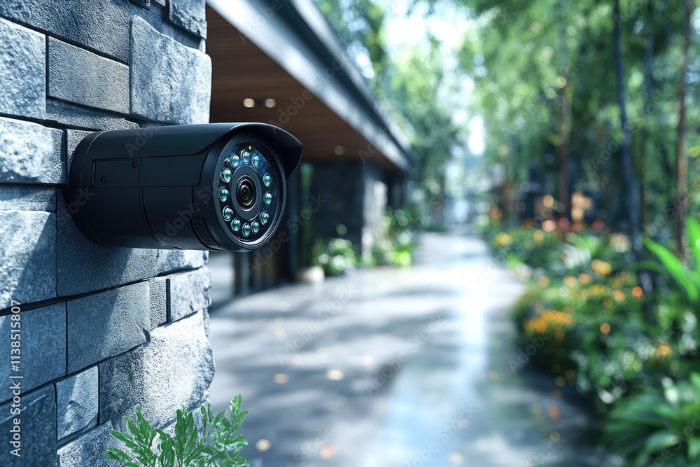 Poster a security camera mounted on the side of a building, providing surveillance and monitoring capabilit
