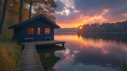 Fototapeta premium Tranquil lakeside scene featuring a blue cabin at sunset.