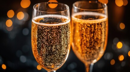 Two champagne flutes side by side on a table, possibly for a celebration or romantic evening