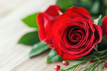 A single red rose placed on a table in a compact arrangement