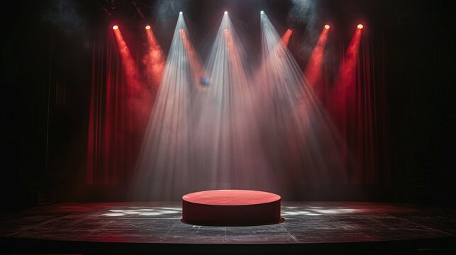 Empty theater stage with a spotlight illuminating a round platform, framed by dramatic red curtains and dim lighting. Perfect for themes of anticipation, performance art, and classic theatrical ambian