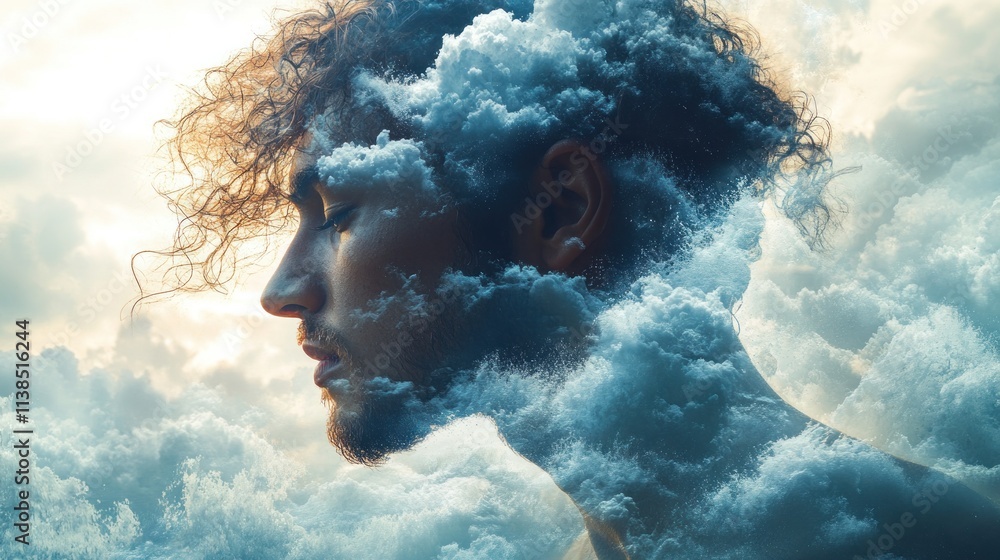 Poster a surreal portrait blending a person's profile with swirling clouds, symbolizing introspection.