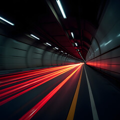 car light trails in tunnel. Art image . Long exposure photo taken in a tunnel