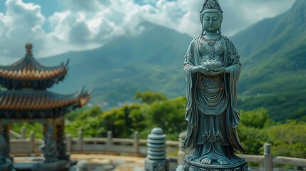 Obraz premium Guanyin statue holding lotus flower in chinese temple with mountain view