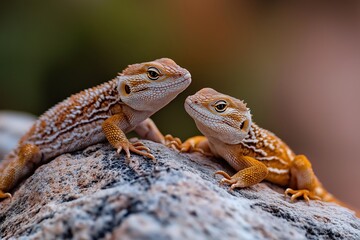 A pair of desert lizards with intricate patterns basking on a sunlit rock, their detailed scales and alert expressions highlighted against a blurred warm-toned background