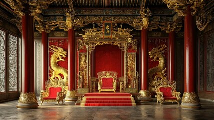 Majestic Throne Room with Ornate Golden Details and Rich Red Accents, Featuring Dragon Motifs and Elegant Architecture in a Grand Interior Space