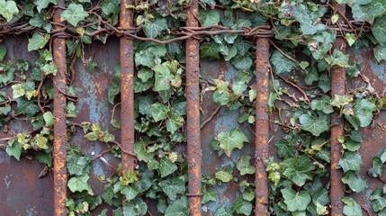 Rusty Metal Bars Covered with Ivy Leaves Showcasing Nature's Resilience and Urban Decay in a Captivating Blend of Textures and Colors for Stock Photography