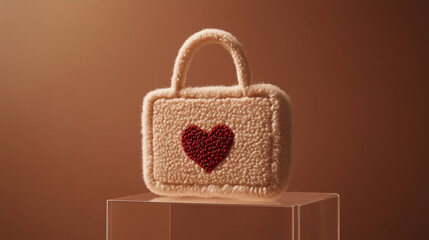 short furry beige bag with red heart in the center standing on transparent acrylic podium on mocha mousse color palette