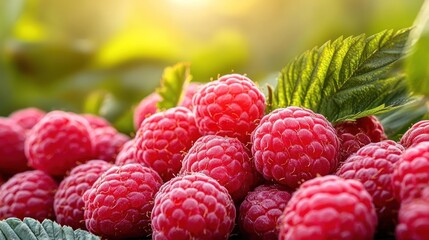 Juicy raspberries rest among vibrant green leaves, illuminated by warm evening sunlight