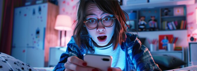 shocked teenager in his room looking at mobile phone