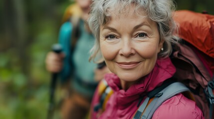 Happy senior woman on a hiking adventure with friends, smiling and looking at the camera while walking in nature. Smiling middle-aged lady wearing a cap and backpack enjoying an outdoor activity.