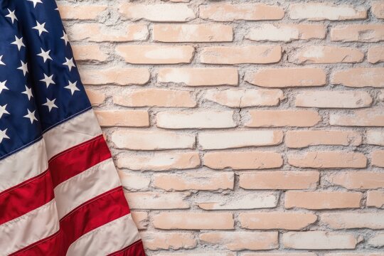 A patriotic symbol hung on a worn-out brick structure