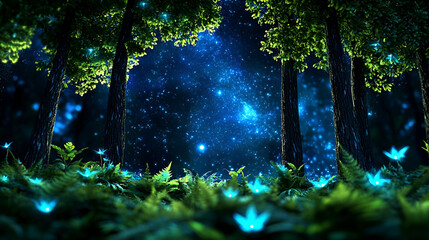 Obraz premium A mystical forest scene illuminated by glowing flora, under a starry sky, inviting a sense of wonder and tranquility.
