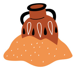 A clay vase is sitting on a pile of sand