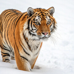 Fototapeta premium A close-up portrait of a majestic tiger with piercing eyes, isolated on a white background.