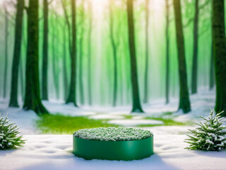 Green Cylinder Product Display in Snowy Winter Forest