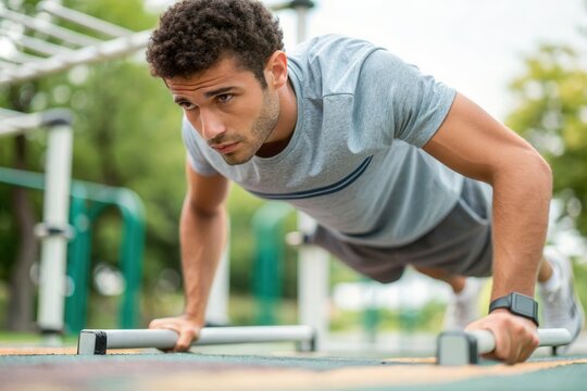 Young african male exercising outdoors with push-up bars in park setting.