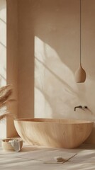 Cozy and Inviting Bathroom with Wooden Bathtub and Natural Decor in Earthy Tones, Bright Sunlight Casting Soft Shadows on Minimalist Interior Design