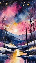 Obraz premium An illustration of a winter landscape with pink and purple colors.
