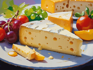 various types of cheese, grapes and tomato an a plate vector illustratrion
