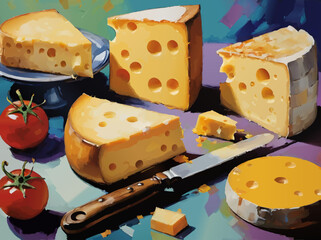 various types of cheese on a plate vector illustration