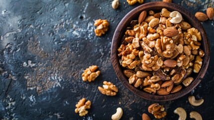 Fototapeta premium Top view of mixed nuts in a rustic bowl on dark background
