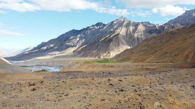 Aerial view of pangmo village with spiti river and himalayan mountains in spiti valley. Pangmo village is located in spiti tehsil of lahul and spiti district in himachal pradesh, India.