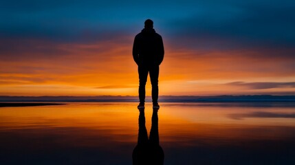 Solitude at Sunset: A lone figure silhouetted against a vibrant sunset over a tranquil ocean, contemplating the vastness and beauty of nature.  The image evokes a sense of peace, introspection.