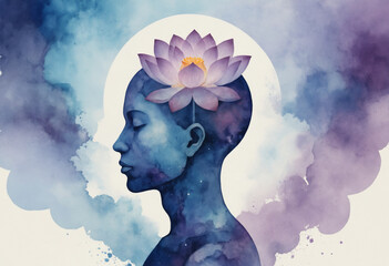 Serene profile of a human head with a lotus flower and vibrant watercolor effects