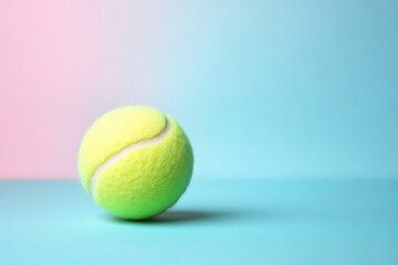 Yellow tennis ball on color background. Closeup view of tennis ball on blue background with empty space for text. Generated AI
