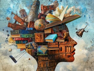 Surreal collage of a silhouette filled with books and global landmarks, symbolizing creativity, knowledge, and cultural exploration. Perfect for themes of education, imagination, and intellectual disc