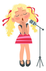 A girl with blonde hair singing into a microphone