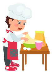 A young boy in a chef s hat is making a cake