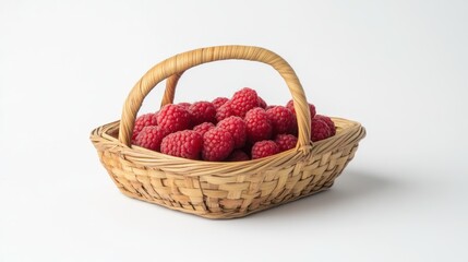 Fresh raspberries in a wicker basket on white background.