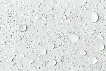 Randomly scattered water droplets of varying sizes adorn a flat glass surface, against a clean white backdrop. This arrangement creates a bright and refreshing visual, evoking a sense of purity and tr