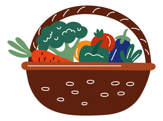 A basket of vegetables including carrots, broccoli, tomatoes, and peppers