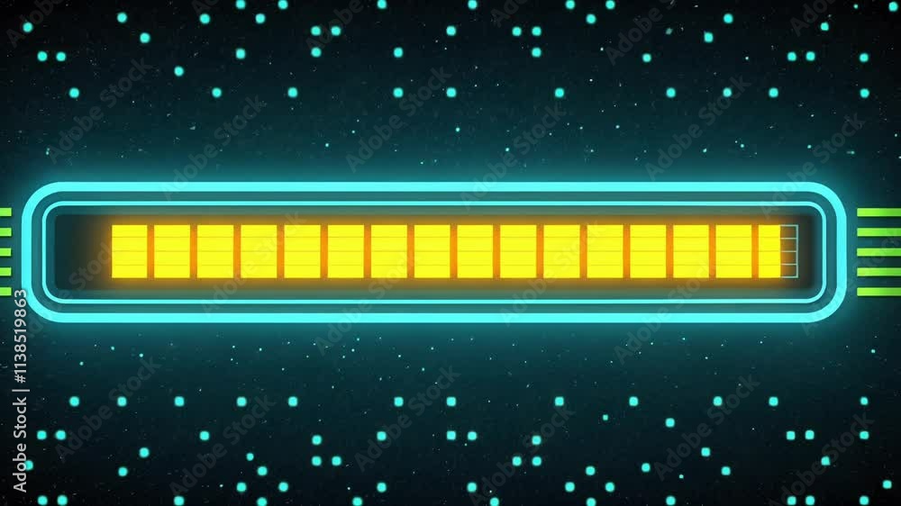 Poster glitch effect a pixelated loading bar flickering gently between neon teal and bright yellow surround