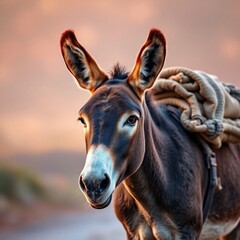 Fototapeta premium A sturdy donkey treads carefully along a winding path, its load secured and ready for the journey. Soft twilight embraces the landscape, casting warm tones