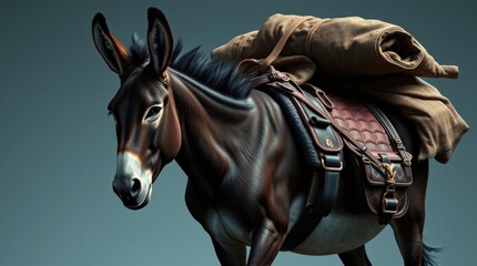 A strong donkey gracefully navigates through a serene setting, its sturdy frame supporting a heavy load draped over its back as the sun sets in the background