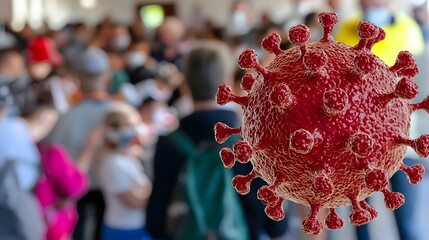virus structure interwoven with an image of a crowded hospital, where patients are being attended to in an overwhelming medical emergency. [virus]:[epidemic] 