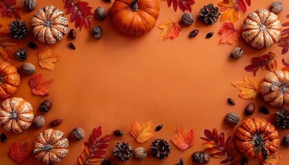 Flat Lay of Autumn Pumpkins, Acorns, Pine Cones, and Colorful Fall Leaves on Orange Background with Copy Space for Thanksgiving Day Concept, Seasonal Harvest Decoration, or Festive Holiday Greeting