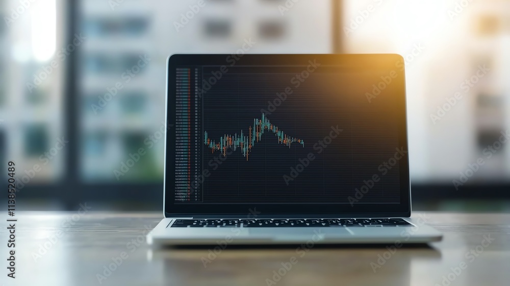 Poster a laptop displaying financial data in a modern office setting with natural light.