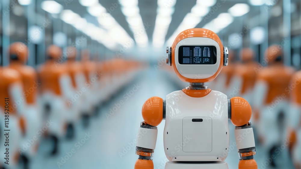Poster a modern robot stands in a high-tech environment, symbolizing innovation and automation.