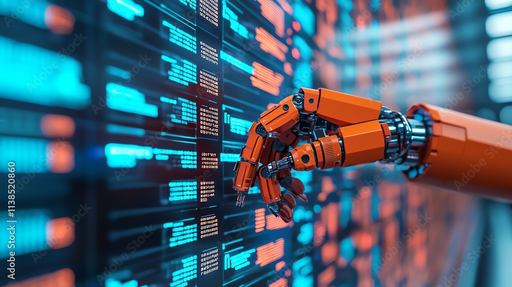 Poster a robotic hand interacts with a digital interface showcasing advanced technology.