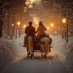 Romantic Winter Evening with Horse and Carriage