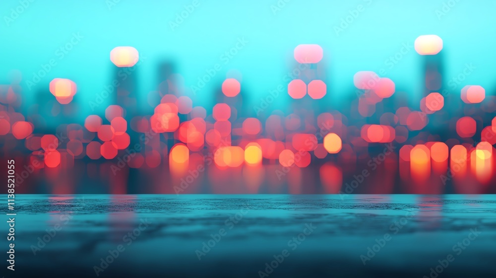 Poster a serene view of a city skyline illuminated with vibrant bokeh lights at twilight.