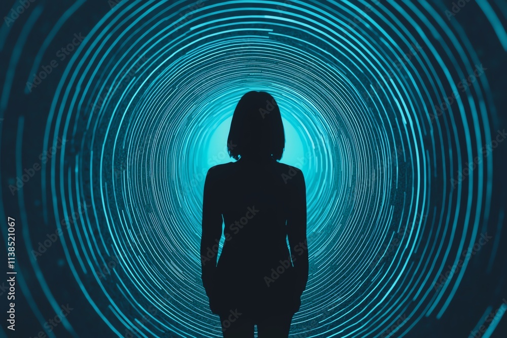Poster a silhouette figure standing in a mesmerizing circular light tunnel, symbolizing introspection.